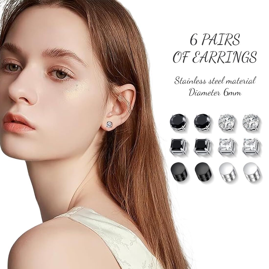 ZEPIQOR - Lot De 6 Paires De Boucles D'oreilles Magnétiques Pour Homme (acier Inoxydable, Zirconium)