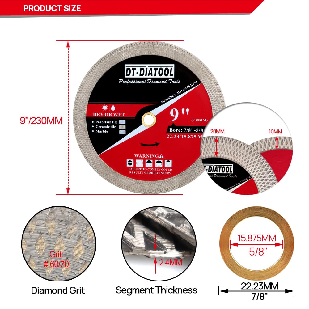 DT-DIATOOL Discos de Diamante 230MM*2 para Porcelanico - Doble Cara Disco de Corte y Rectificado Diamante Ultrafino para Cortar Esmerilar Cerámica Azulejos Mármol Granito Piedra Artificial,X Malla