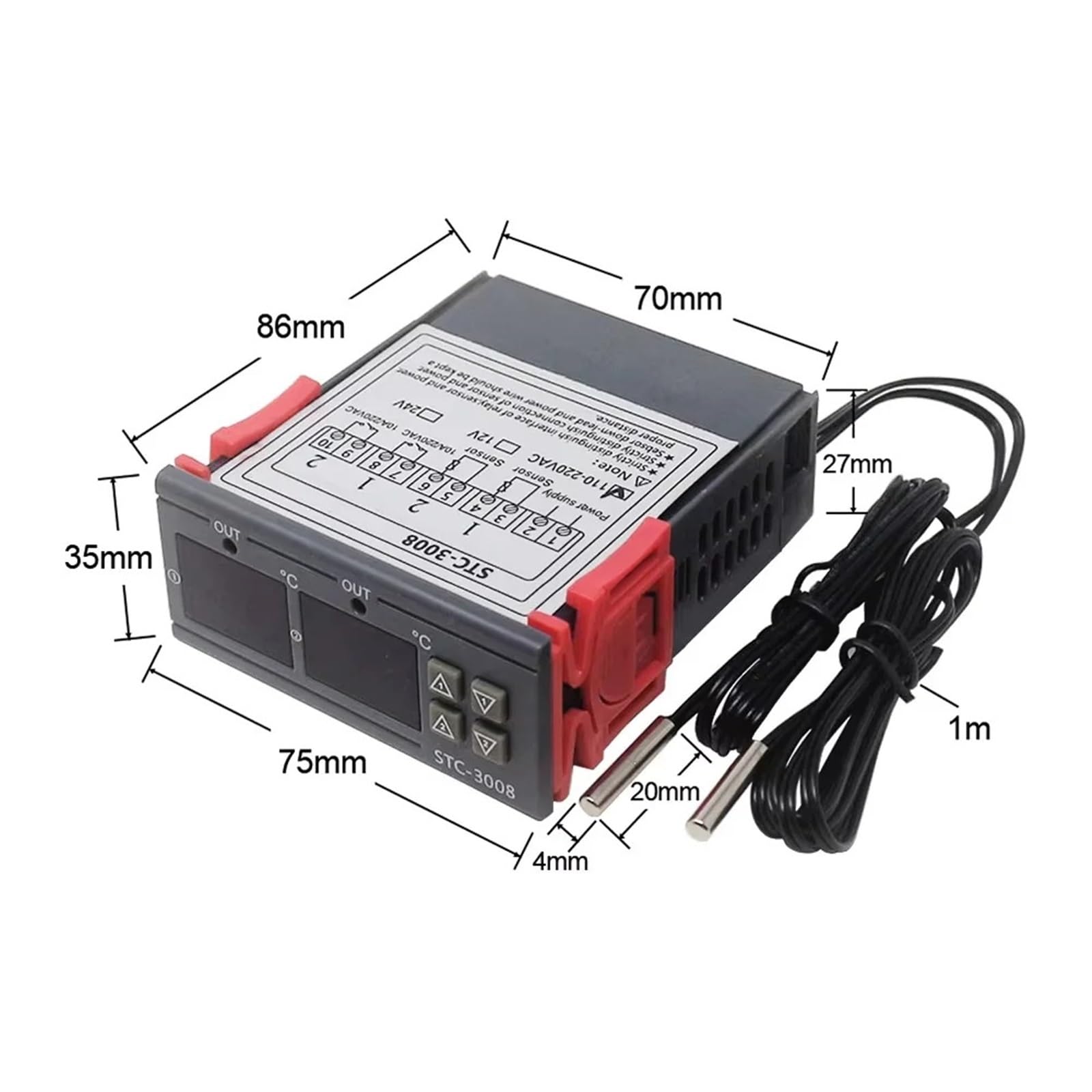 Podwójny termostat cyfrowy, regulator temperatury, przekaźnik inkubatora, 12/24 V, 220 V LED, ogrzewanie, chłodnica, podwójna sonda STC-3008 (DC12V)