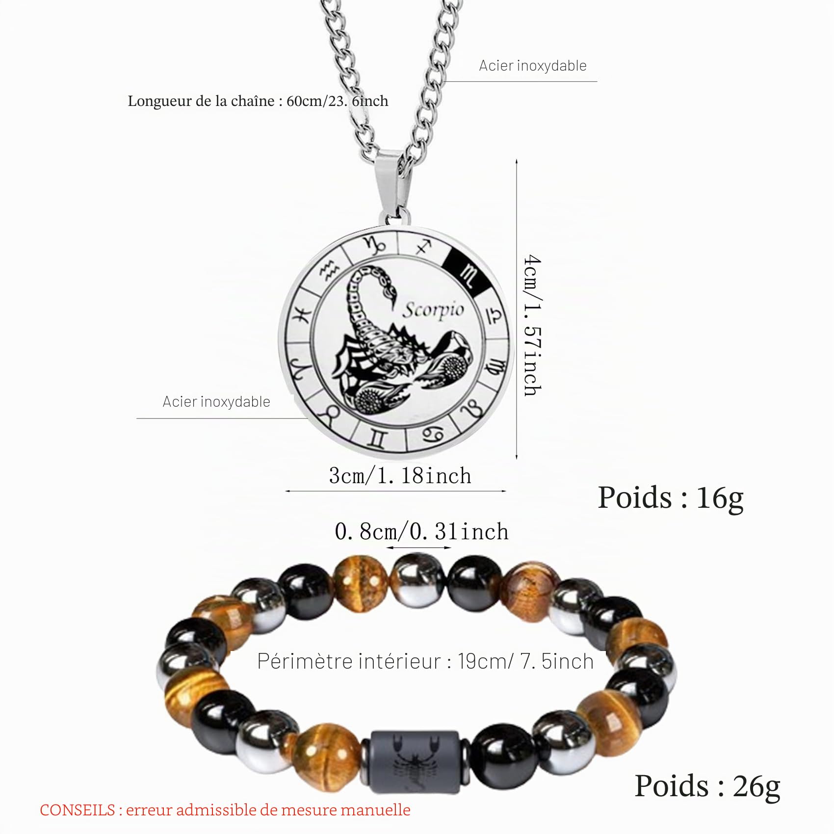 Ensemble collier et bracelet signe du zodiaque pour homme - Collier de constellation - Pendentif en acier inoxydable - Bracelet de perles élastique - Cadeau d'anniversaire