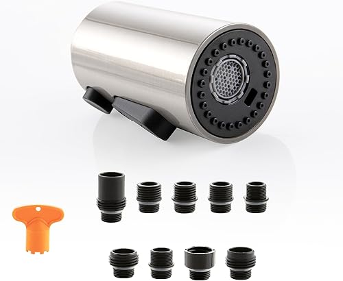 DOLGABA Cabezal de rociador de repuesto para grifo de cocina, 3 modos, cabezal rociador extraíble con 9 adaptadores, níquel cepillado
