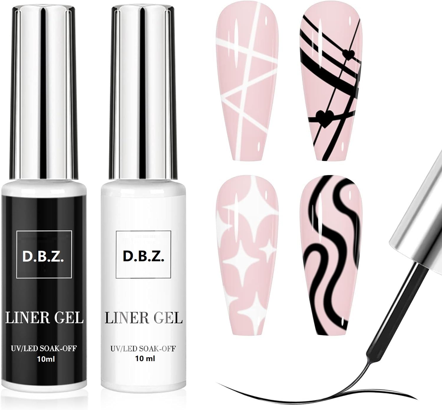 D.B.Z.® Art Liner Gel Nail Polishes Set, 2 Pcs White & Black Painting Soak Off Gel Nail Varnish Gel Nail Polish Collection Drawing UV Liner Gel Polish for Home DIY Nail Salon-image-35