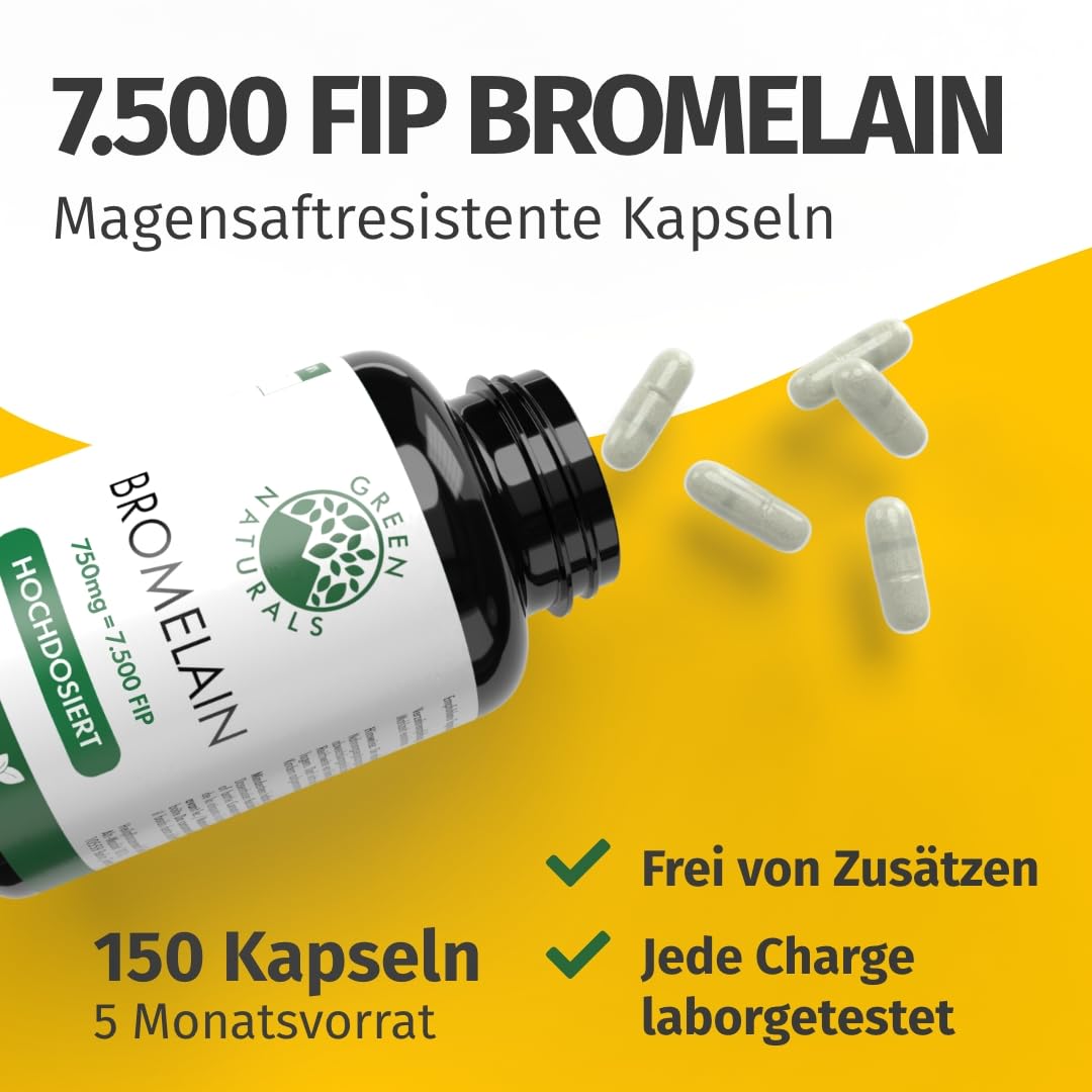 Green Naturals® Bromelain – Hochdosiert: 7.500 F.I.P (750 mg) aus natürlichem Ananas-Extrakt – magensaftresistente Kapseln – Vegan & laborgeprüft – 150 Kapseln (5 Monate)