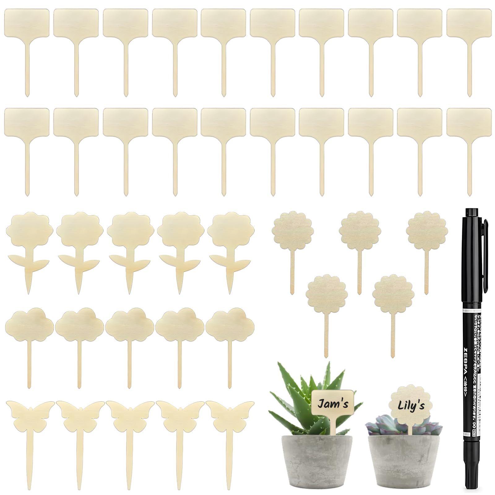 41 Pcs Wooden Plant Labels, 5 Unique Shapes for Herbs, Interesting Garden Markers, Thicker Wooden Plant Labels with Sharp Tip for Vegetables and Flowers