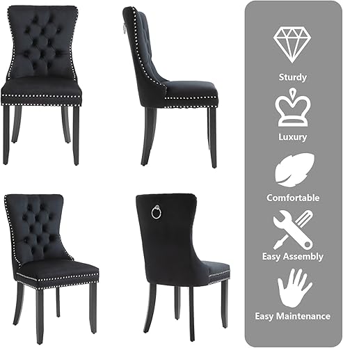 Miniatura 7 de Juego de 2 sillas de comedor tapizadas de terciopelo, sillas de comedor con respaldo de ala, patas de madera maciza, con botones y ribete de clavos,