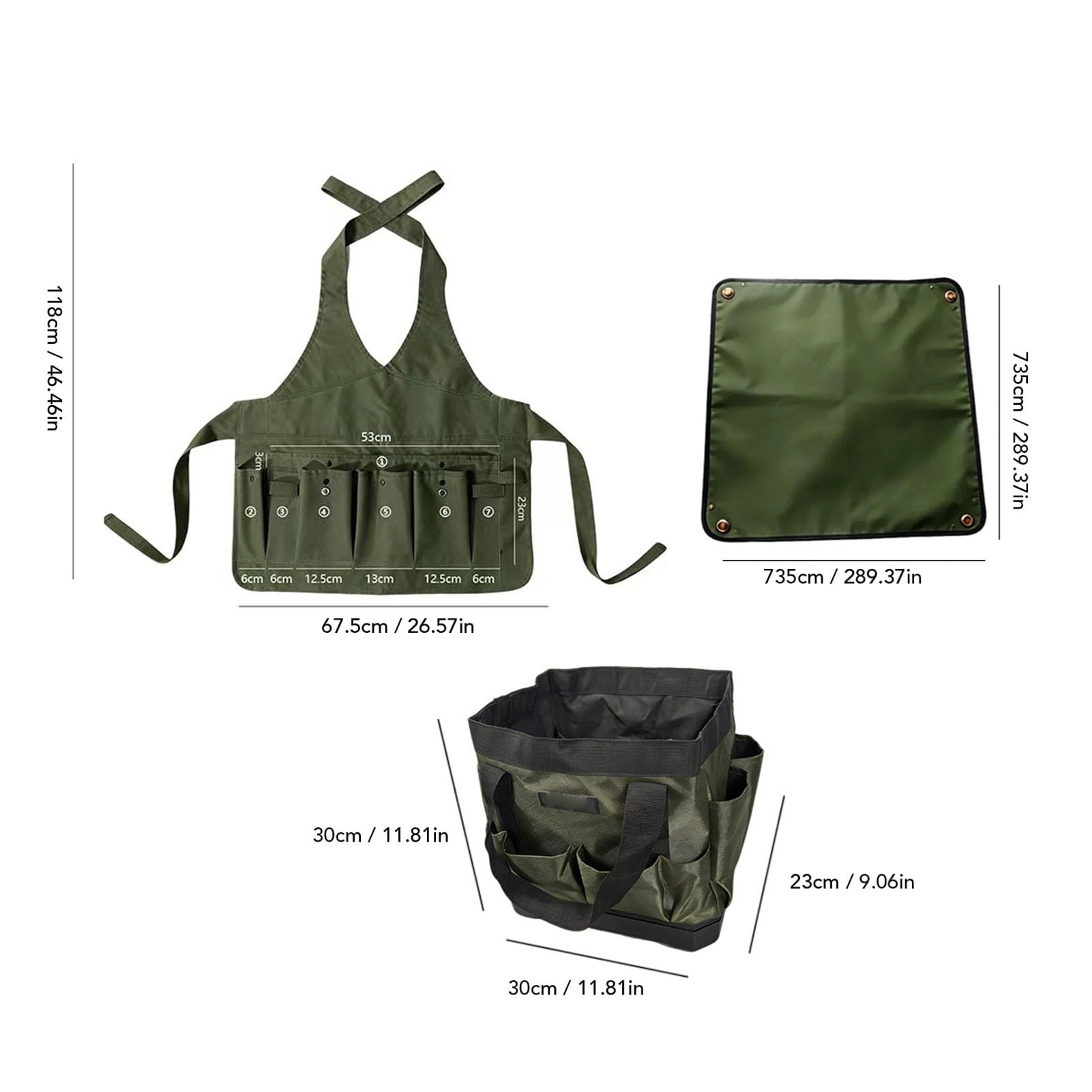 Generic 3-teilige Garten-Werkzeugtasche, Organizer, Oxford-Stoff, Robuste Gartentasche, Aufbewahrungswerkzeugkasten, 11 Taschen, Stehend, Faltbar, mit Schürze, Bodenersatzmatte