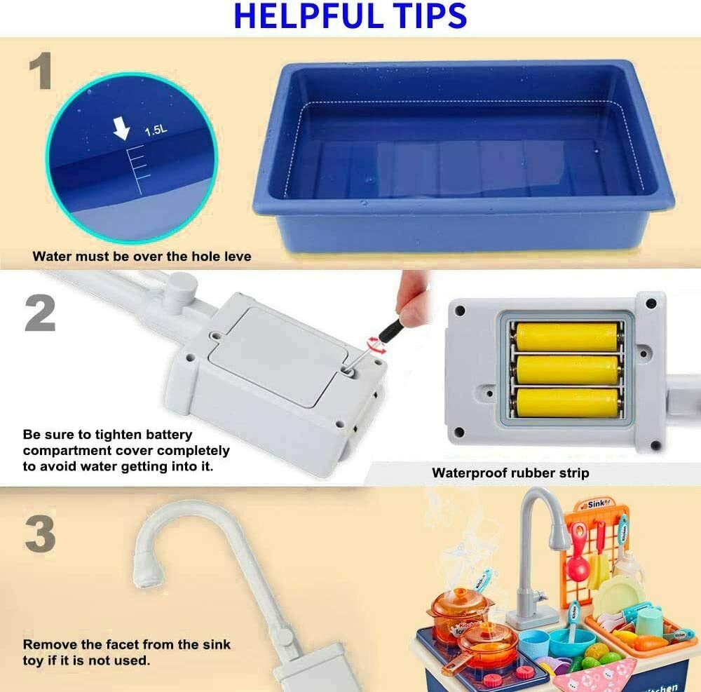 Ensemble de Jouets pour évier de Cuisine pour Enfants avec Eau Courante, 28pcs évier Lavage Faisant Semblant de Jeu de rôle casseroles en Plastique Alimentaire Mini Accessoire