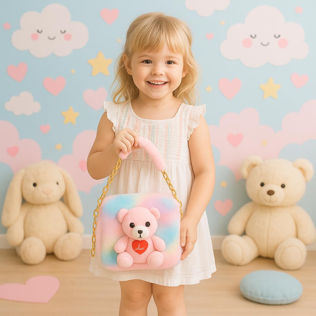 CULT FACTORY Girls Sling Bag Cute Sling Bag Combo for Kids Teddy Slingbag Mini Handbag Combo Fur Toy Bag (Pink) 2