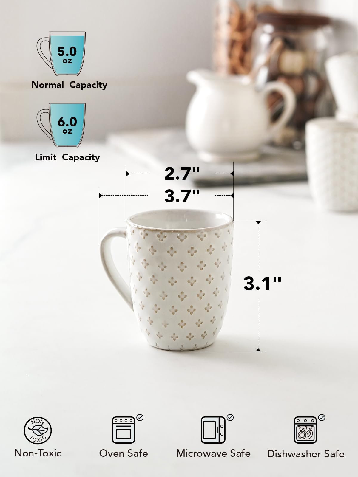LE TAUCI Filiżanki do cappuccino 207 ml ceramiczne duże kubki do kawy do Au Lait, Double Shot, Latte, Cafe Mocha, herbata - zestaw 4 szt., arktyczna biel