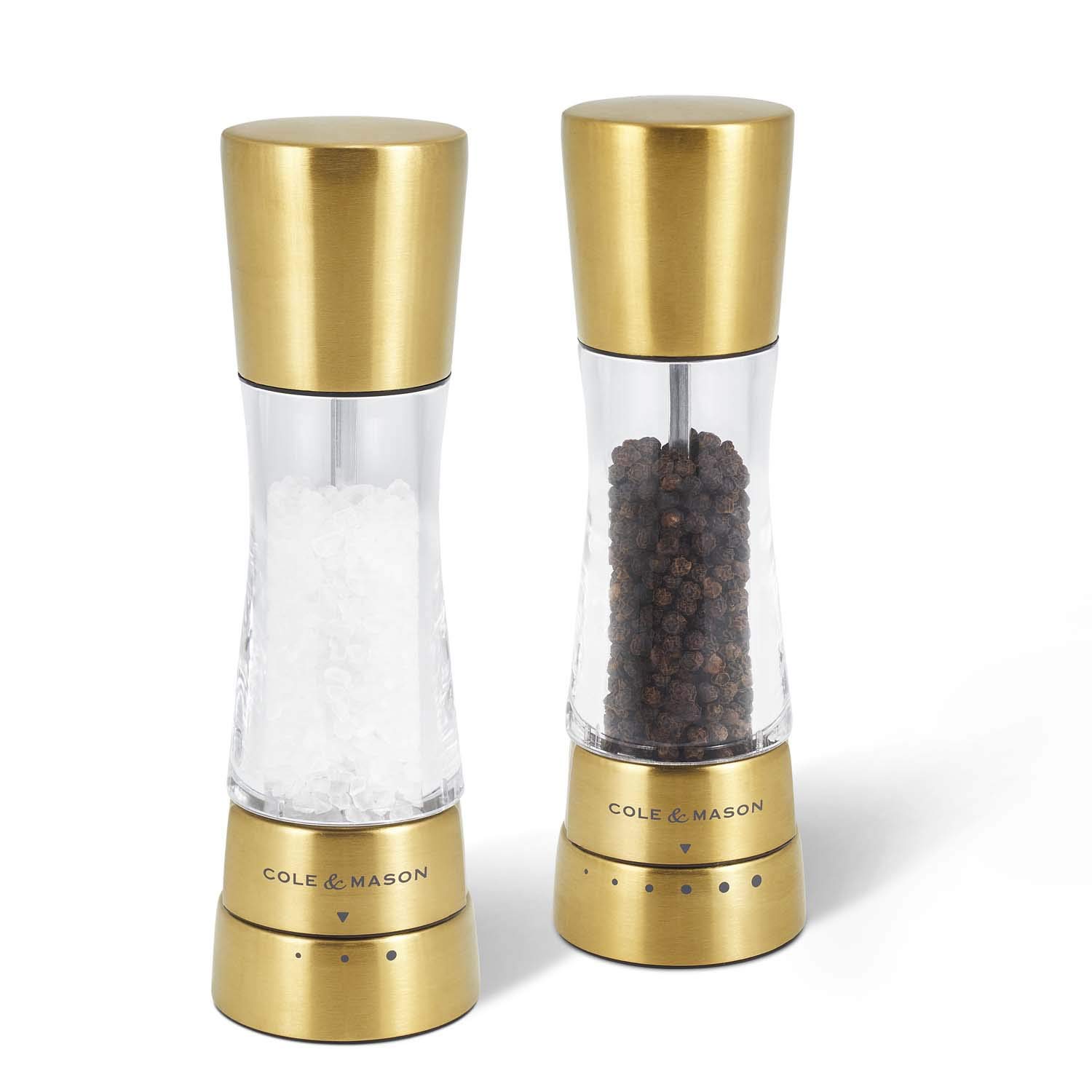Cole & MasonDerwent Gold Salt and Pepper Mills, Gourmet Precision+, Stainless Steel/Acrylic, 190 mm, Gift Set, Includes 2 x Salt and Pepper Grinders