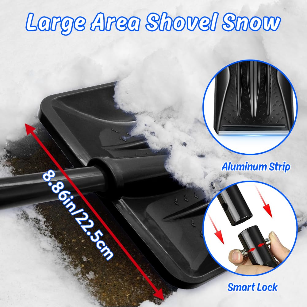 Pala da neve, lunghezza 108 cm, bordo scorrevole con profilo in alluminio, 4 pezzi, design rimovibile, regolabile, pala da neve portatile, per vialetti, campeggio, pupazzo di neve