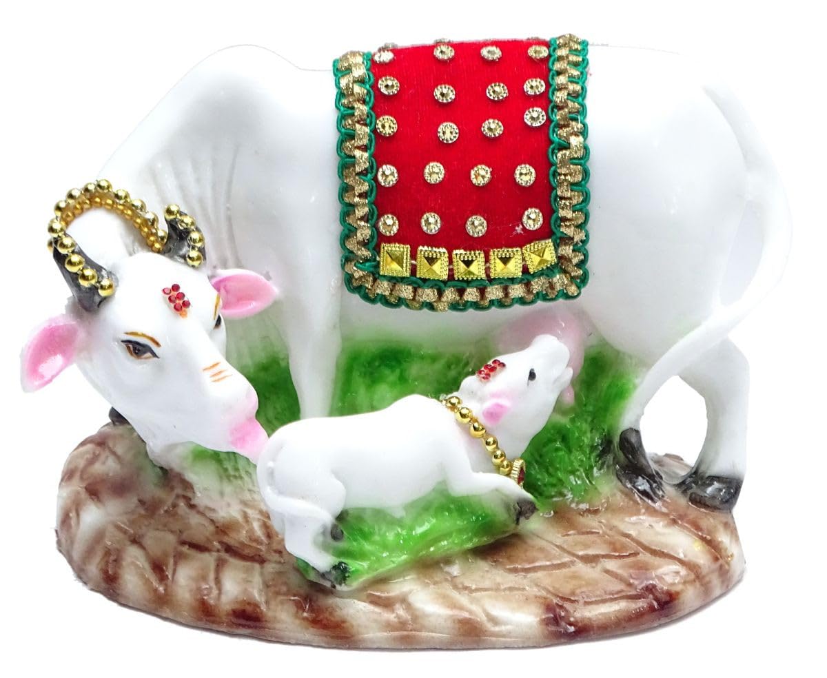 Craft_N_Decor Krishna Cow with Calf Creation Dust Polyresin Decorative Marble Kamdhenu Cow and Calf Big Handcrafted Statue, 5-inch, Multicolour.