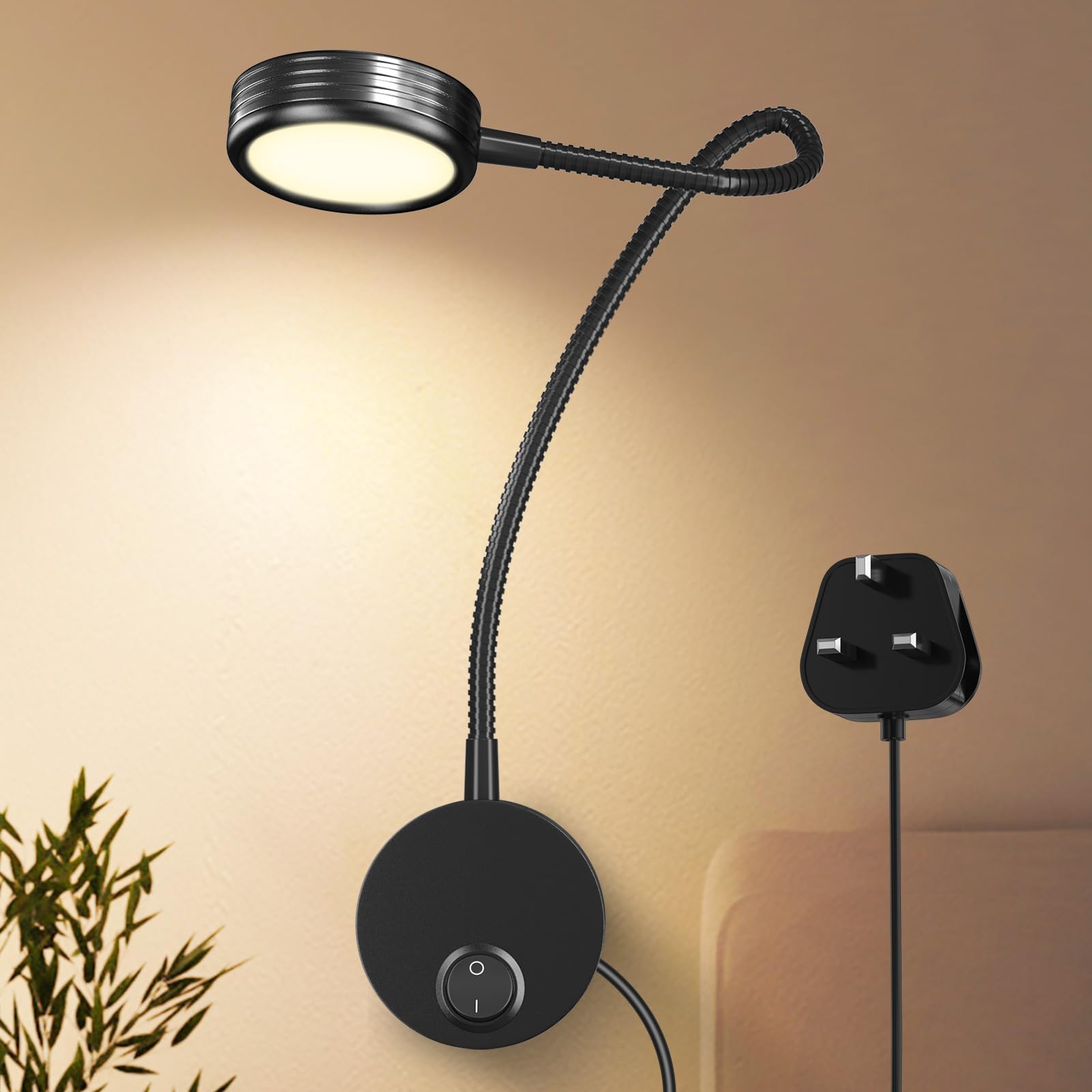 Bonlux Warm White 3000K Flexible Gooseneck Led Wall Reading Light, 5W Wall Mounted Bedside Reading Lamp With Plug & Switch For Bedroom, Office, Workbench, Studio, Hotel
