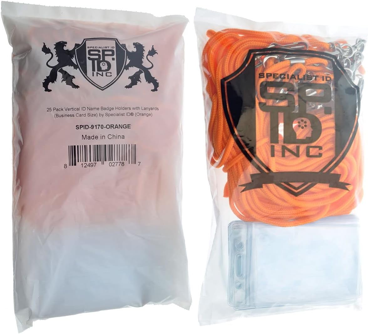 Bulk 25 Pack - Premium Name Tag Badge Holders with Lanyards - Vertical Clear Plastic Card Pouch and Lanyard Holder for School and Events by Specialist ID (Orange)