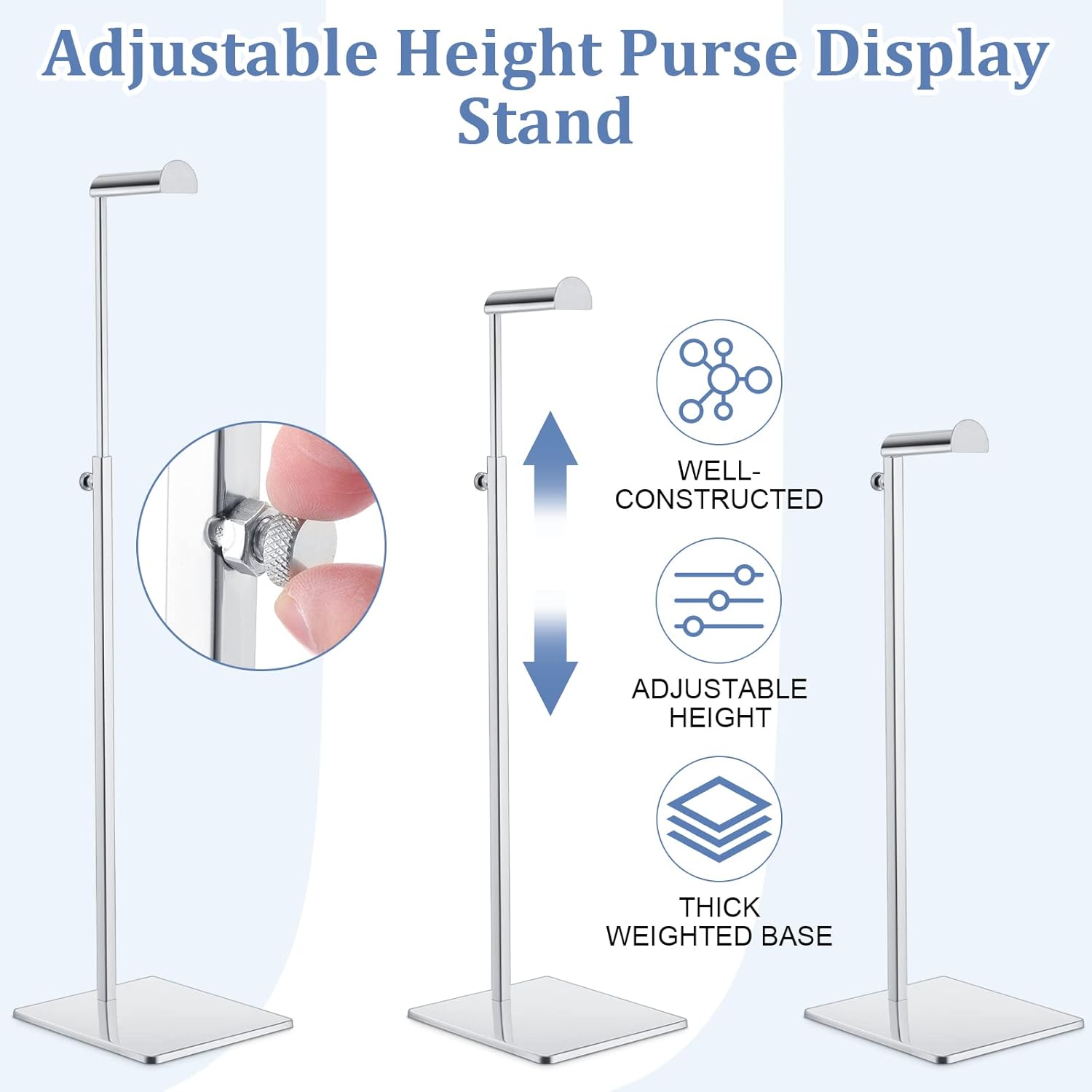 Landhoow 4 Pcs Stainless Steel Purse Display Stand Silver Handbag Display Stand Rack Adjustable Height Holder Set for Boutique Store Home Store Counter Shelf Floor Props Decoration