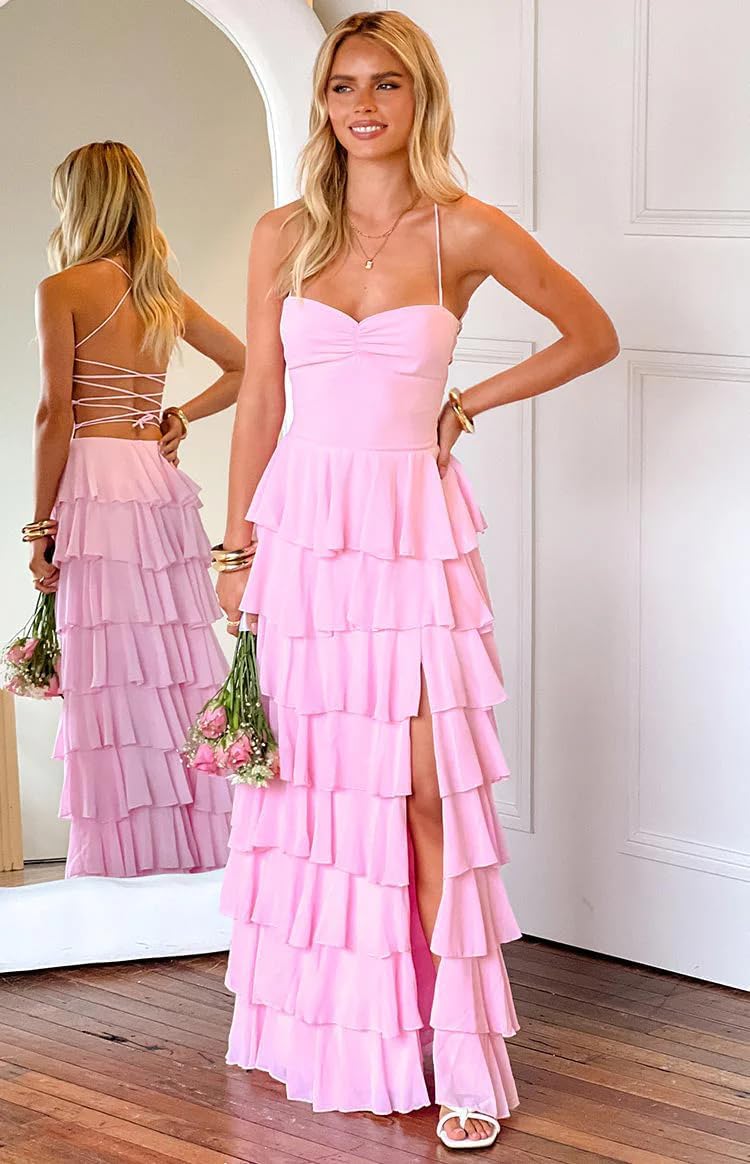 Tiered Chiffon Bridesmaid Dresses for Women Spaghetti Straps Ruffles Formal Evening Dresses with Slit - Image 2