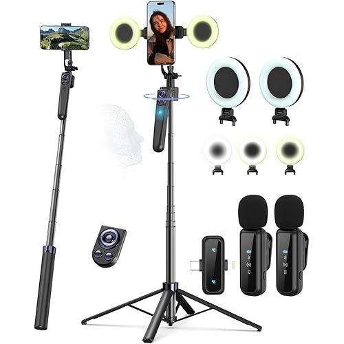 Vlogging Kit for iPhone/Android, 63”Auto Face Tracking Tripod for iPhone with Light, Wireless Microphones, Scrolling Remote Control for TikTok, Content Creator Kit for YouTube Starter