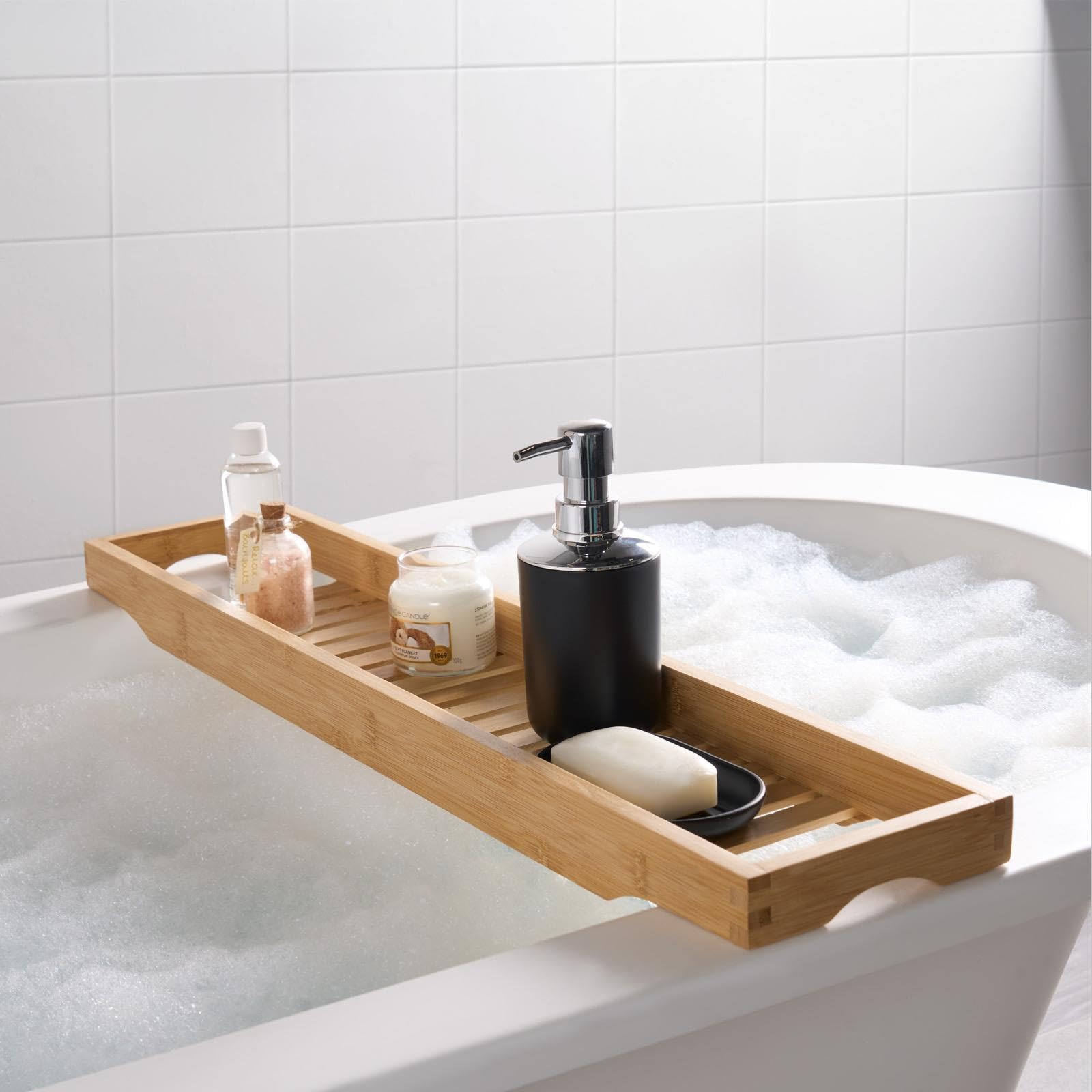 OHS Bath Shelf Over Bath, Home Spa Bath Caddy Bamboo Bath Tray Wooden ...