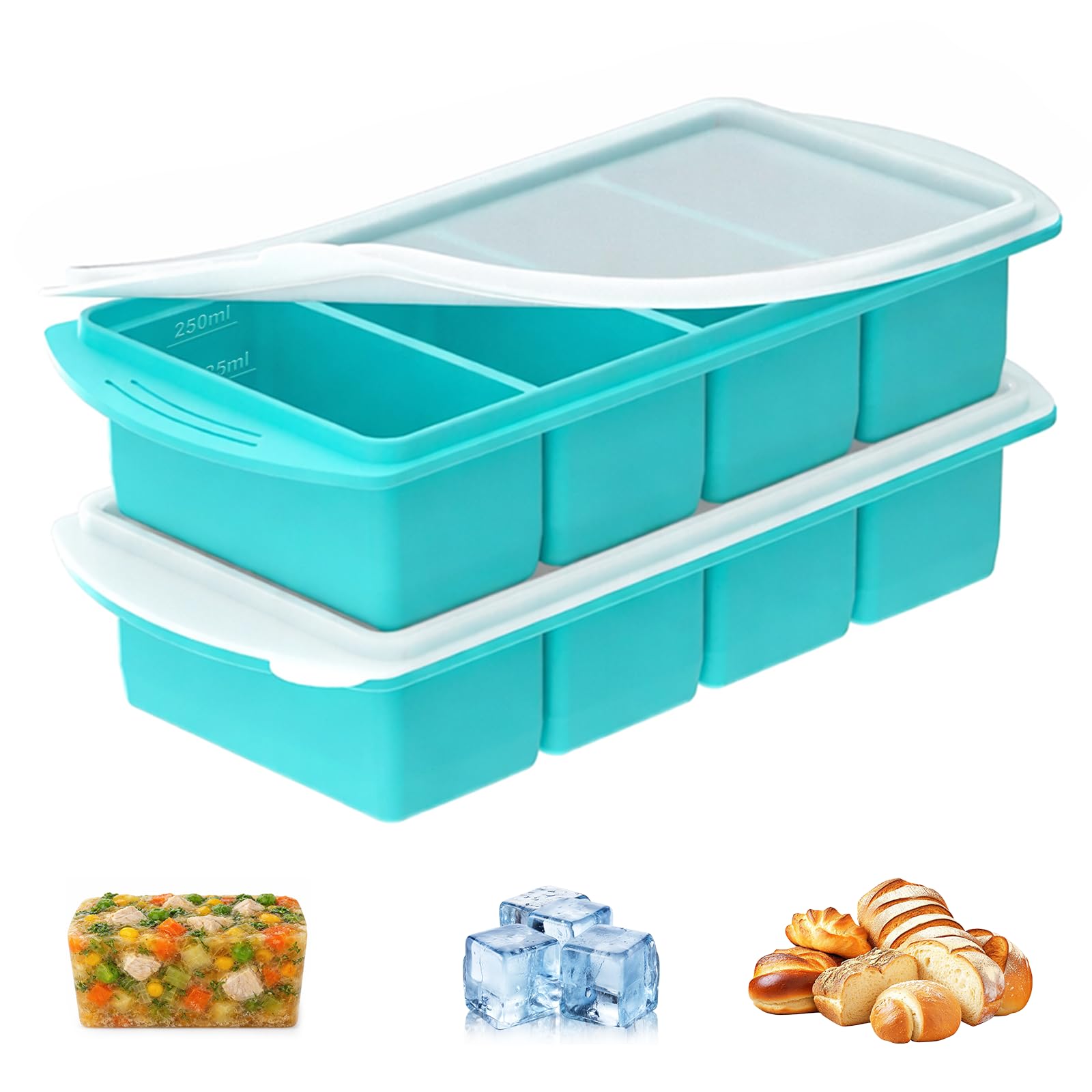 Sythrix Blue Soup Freezer Containers, 2 Pack Silicone Freezer Mould With Lid, Large Silicone Moulds, 4-Compartment Meal Freezer Container 125Ml/250Ml Silicone Molds For Soup And Food Storage,