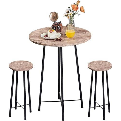 VECELO Small Bar Table and Chairs, Round Bistro Sets with 2 barstools, 3-Piece Pub Dining Furniture, Counter Height Wood Top for Breakfast Dinner Coffee Nap Conference, Easy Assembly, Maple