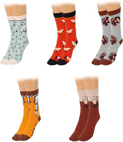 Mikovivi 5 Pairs Horse Riding Socks for Women, Cotton Fun Equestrian Horse Riding Pattern Long Socks for Women Cowgirl, Thoughtful Gifts (5 Styles)