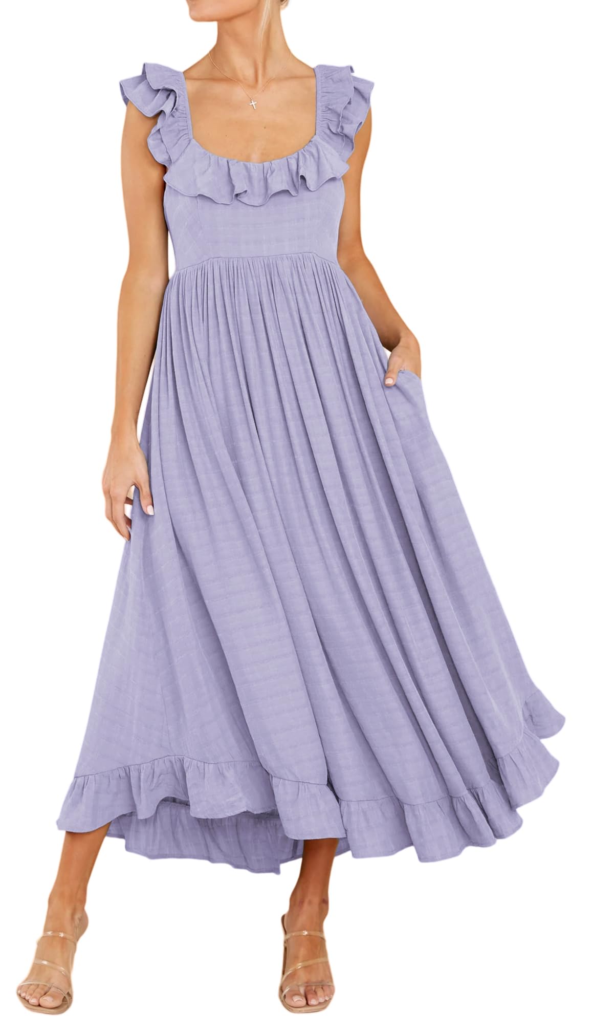 R.Vivimos Summer Dress for Women Sleeveless Boho Ruffle Square Neck Tie Back Casual Backless Flowy Midi Dress