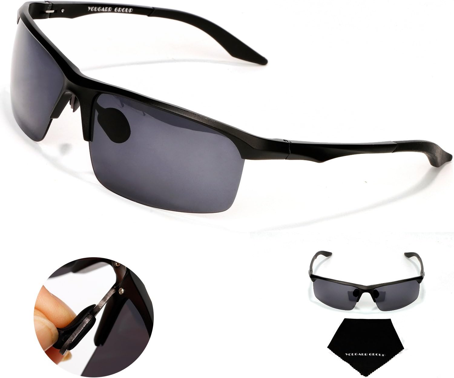 Yougarr Group polarized men's sunglasses for men with Half Metal Frame (Black Lens & Black Frame, 4)