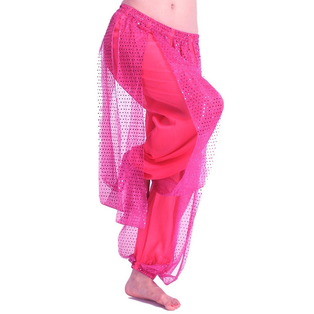 Baisdan Belly Dance Harem Pants, Sequin Shiny Harem Yoga Pants India Arab Dance Bloomer Trouser Rose Pink