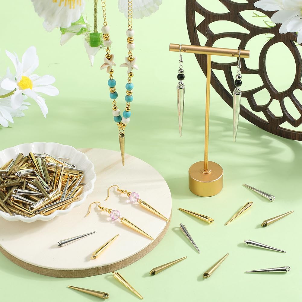 SUNNYCLUE 1 Box 90Pcs 3 Color Metal Spike Charms Cone Charm Bulk Gold Silver Antique Bronze Alloy Vintage Gothic Long Spikes Cones Pendants for Jewelry Making Necklace Bracelets Earrings DIY Crafts - Image 3