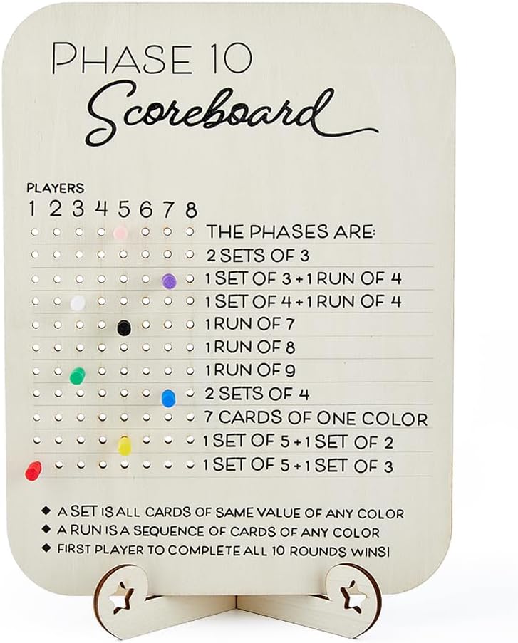 DICOSMETIC Phase 10 Wooden Score Phase 10 Score with 8 Coloured Cribbage Pens Fun Board Card Games Accessories for Board Games Family Party Birthday Christmas 22 x 8 x 31 cm