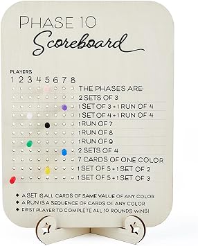 DICOSMETIC Phase 10 Score Board Wooden Phase 10 Scoreboard with 8 Colored Cribbage Pegs Fun Board Card Games Accessories for Board Games Family Party Birthday Christmas, 22x8x31cm