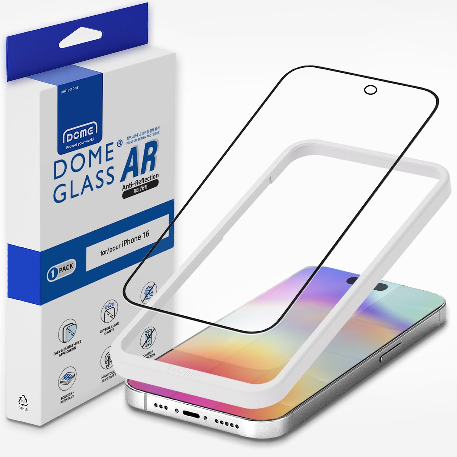 DOME GLASSWhitestone DOME AR [Super Anti-Reflection] Tempered Glass Screen Protector for iPhone 16 with Easy Installation Tool [1Pack]