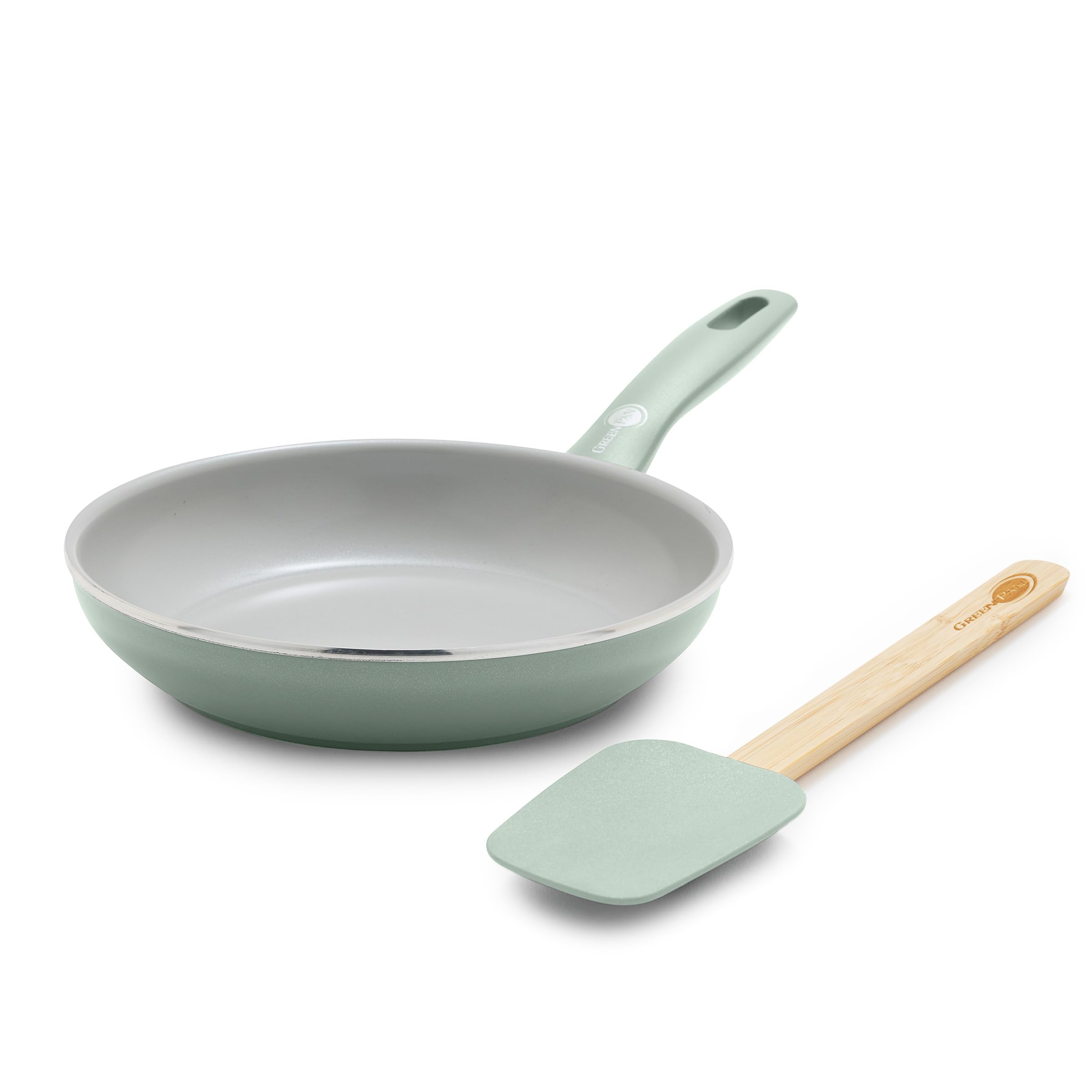 Greenpan Pastel Green Dover 8” Frying Pan Skillet With Spatula, Non-Toxic Pfas-Free Ceramic Nonstick Coating, Sear Saute Fry Egg Omlete, Dishwasher & Oven Safe, Stay Cool Handle, Easy Pour Rims,