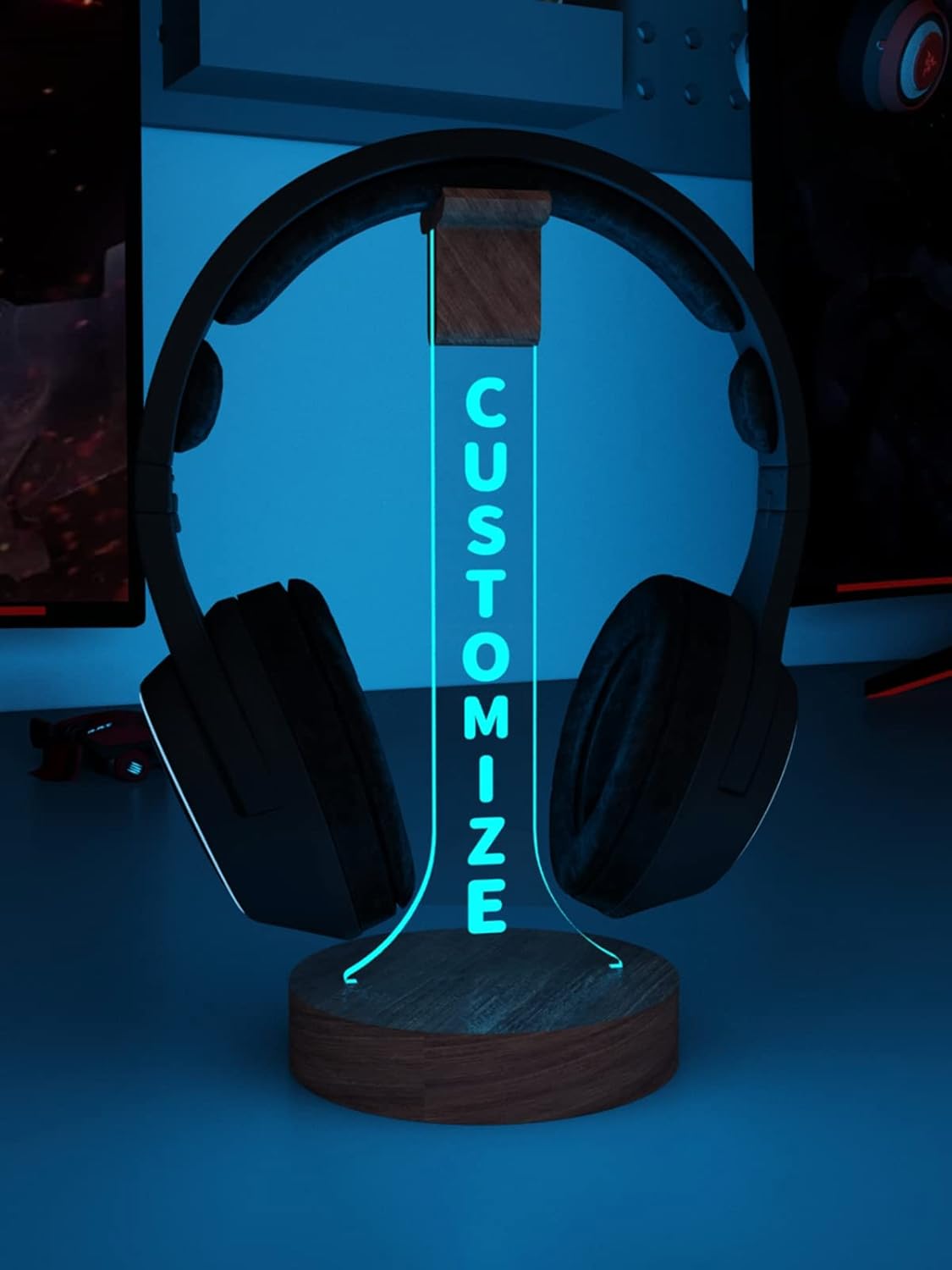 YuanDian Headphone Stand, Personalized Light up Wood Headset Holder for Desk, Gaming Headset Wood Holder RGB with 7 Color Lights for Game Room Decor, Cool Gamer Gifts for Men Boyfriend