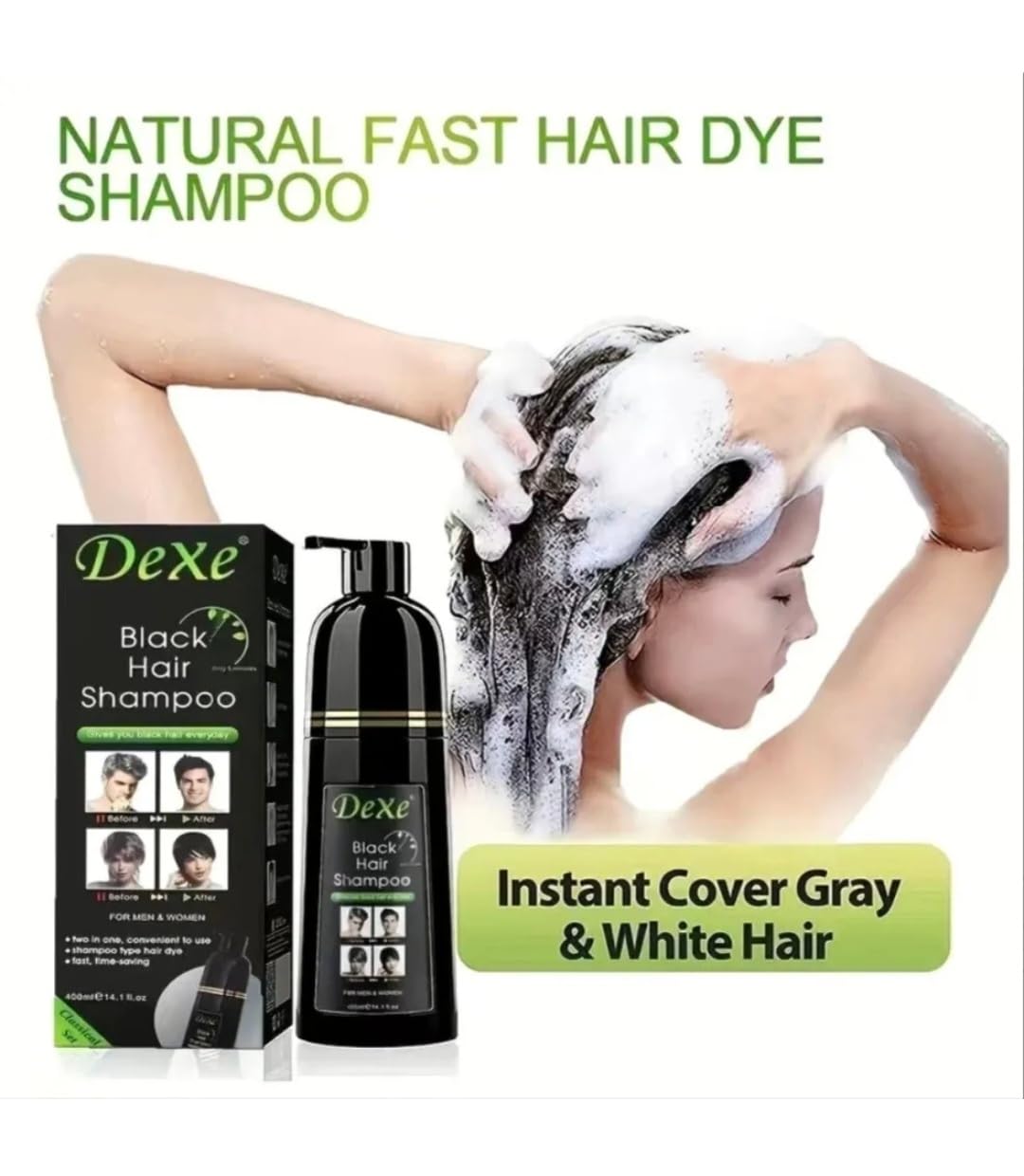 Instant Black Hair Shampooing colorant pour hommes et femmes Couverture 100 % des cheveux blancs Facile et rapide Tenue 30 jours Coloration noire 3 en 1 400 ml