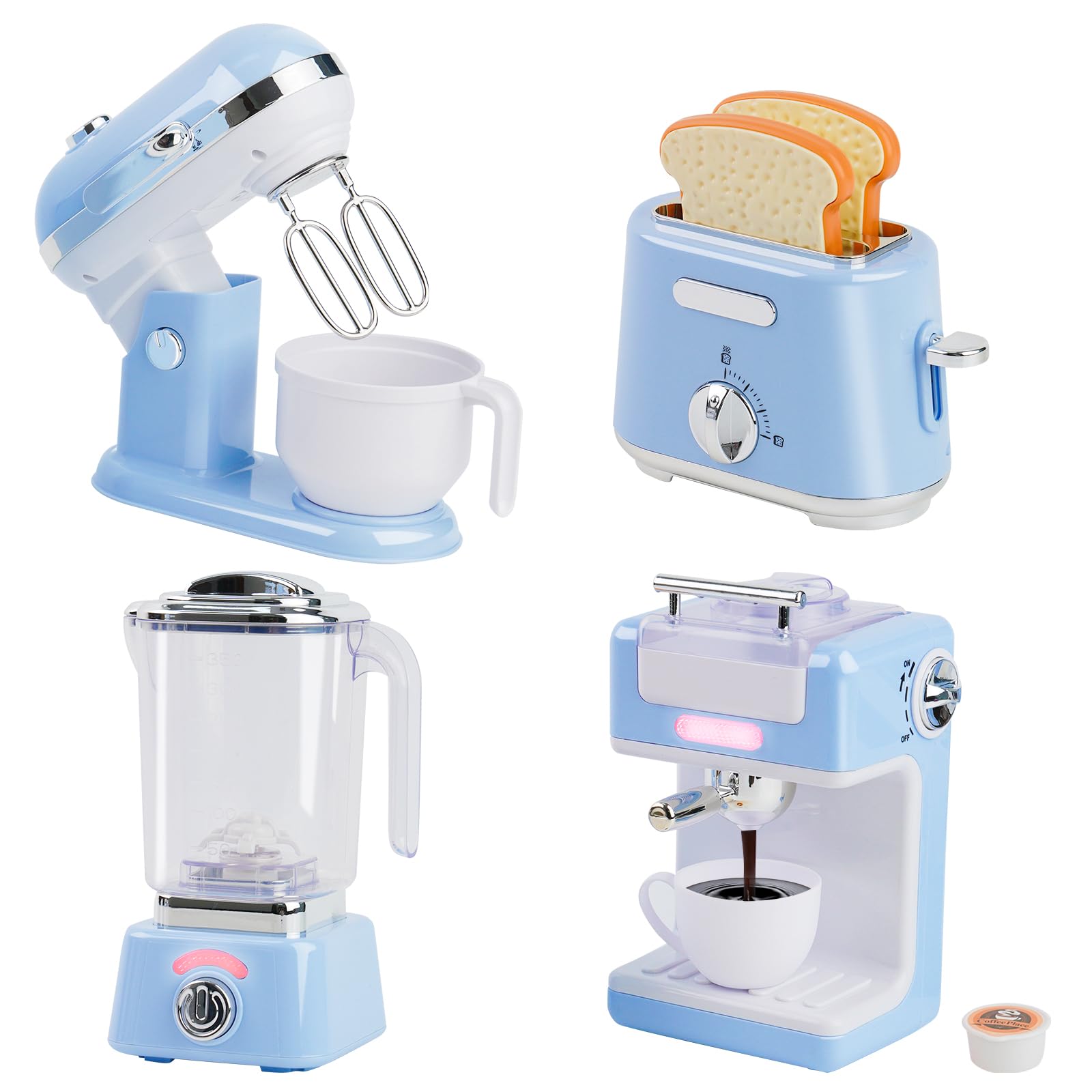 Set De Juguete De Cocina Infantil Con Cafetera, Batidora, Tostadora Y Licuadora, Con Luces Y Sonidos Realistas, Incluye Accesorios, Regalo Para Niños De 2 A 5 Años, Color Azul