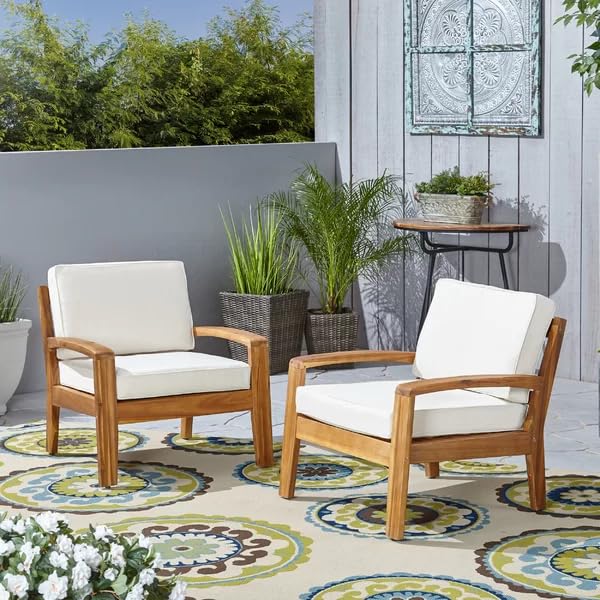 Image of SUNCOM Wooden Armchair for Livingroom Set of 2 - Single Seater Sofa Chair with Cushion - Chair Set for Dining Table - Handmade Wooden Accent Chairs (Cream Cushion, Teak Finish)