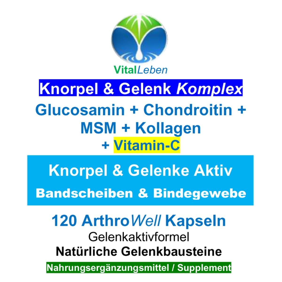 Knorpel & Gelenke Komplex + Vitamin-C 360 (3x120) ArthroWell Gelenk-Kapseln – Natürliche Gelenkbausteine Glucosamin + Chondroitin + MSM + Kollagen. 26442-3
