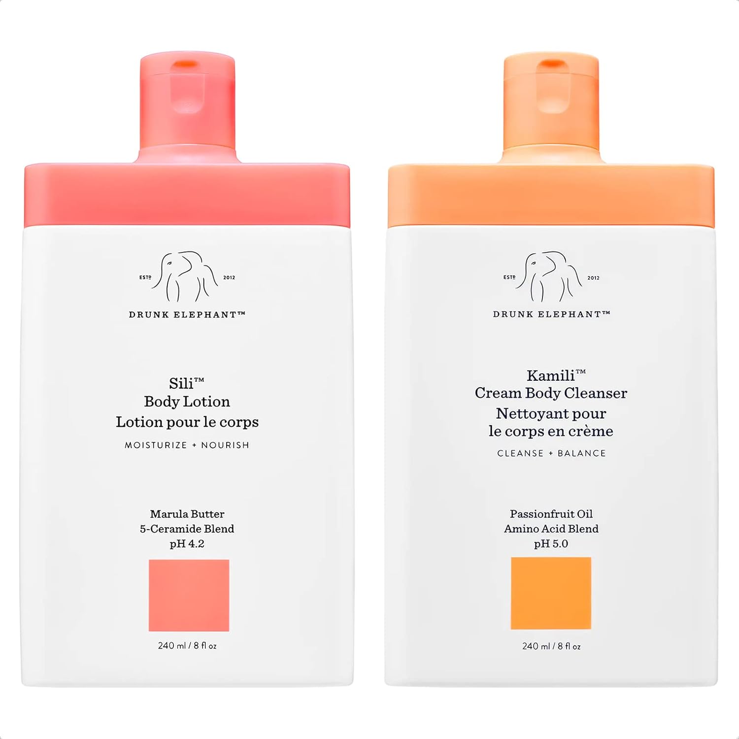 Drunk Elephant Kamili Cream Body Cleanser and Sili Body Lotion, Replenishing and