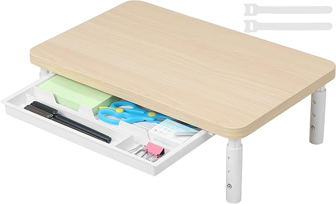 ETHU Support de moniteur, 3 hauteurs réglables en hauteur avec tiroir de rangement pour bureau et maison, support ergonomique pour ordinateur, imprimante, ordinateur portable, PC, iMac (blanc)