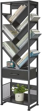 Bookshelf with Drawer,10 Tier Tree Bookcase Retro Floor Standing Bookshelves,Tall Wood Bookcases with Cabinet Storage Organizer for Living Room, Bedroom & Home Office, Black