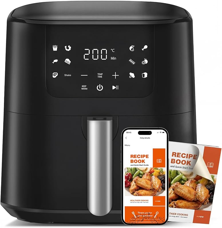 Air Fryer, 5.28 QT Square Airfryer, 400°F Fast Heating Air Fryers Oven with One-Touch Presets, Auto-Off, Dishwasher-Safe Nonstick Basket, Multiple 8 in 1 Function, Black