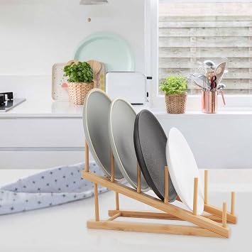 4 Pcs Bamboo Dish Racks 30 x 12 x 19 cm | Bmaboo Plate Racks with 5 Grids for kitchen Cupboard, Plates, Bowls, Cups, Pot Lids, Chopping Boards