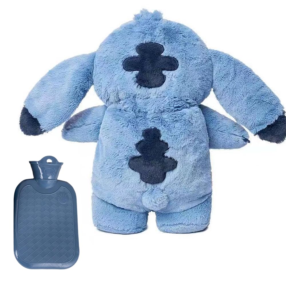 KBIBCK Fluffy Wärmflasche, 30cm Wärmflasche Kinder, Cartoon HeißWasserflasche für Kinder, Wärmflasches Kuscheltier, Herausnehmbarer Innenbehälter Plüsch HeißWasserflasche für Kinders Erwachsene (Blau)