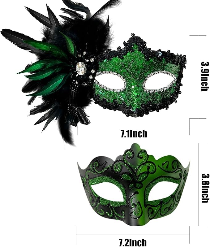 Allruyee 2025 New Masquerade Mask for Couple - Masquerade Mask Women with Feathers & Venetian Mask Men for Mardi Gras Party(Green) - Image 3