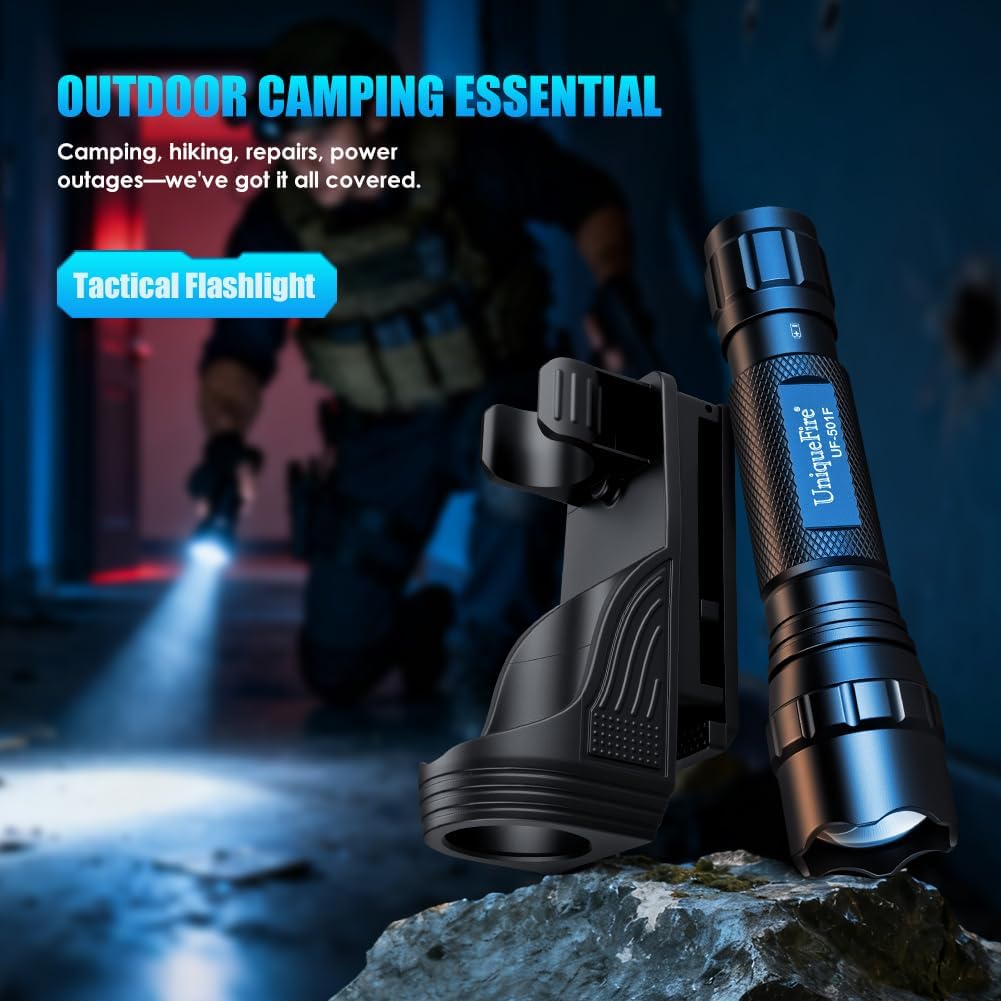 UniqueFire Police Flashlight with Holster for Duty Belt,5 Modes Zoomable EDC Tactical Flashlight, Super Bright Powerful CREE LED Light for Outdoor/Emergency/Law Enforcement