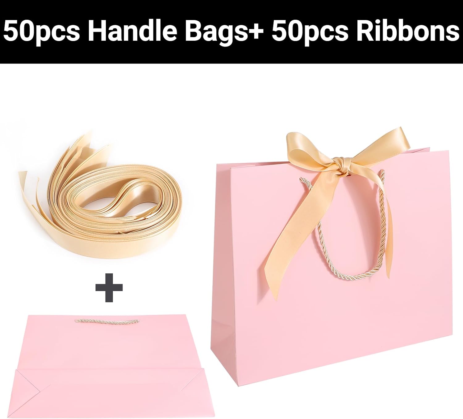 EUSOAR 50pcs 10.6"x3.1"x8.3" Pink Paper Gift Shopping Bags with Ribbon Bow and 20 Pack 8.6"x 3.9"x 7" Yellow/Orange Gift Wrap Bags with Handles