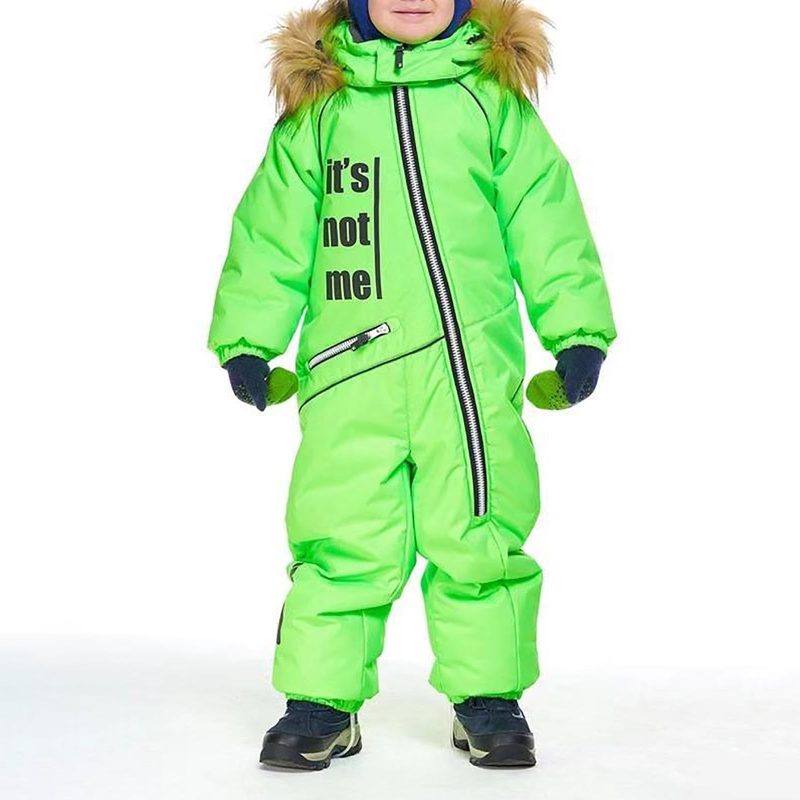Boys Girls Ski Suit Thermal Winter Warm Snow Overall Windproof Winter Suit with Removable Hood Suit (Green, 3-4 Years)
