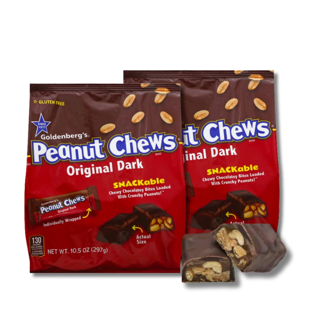 Goldenberg's Peanut Chews - Pack of 2 - Original Dark Chocolate Peanut Candy - Individually Wrapped Mini Bars - 10.5 oz. Bags By Lyza's Sweets & Treats