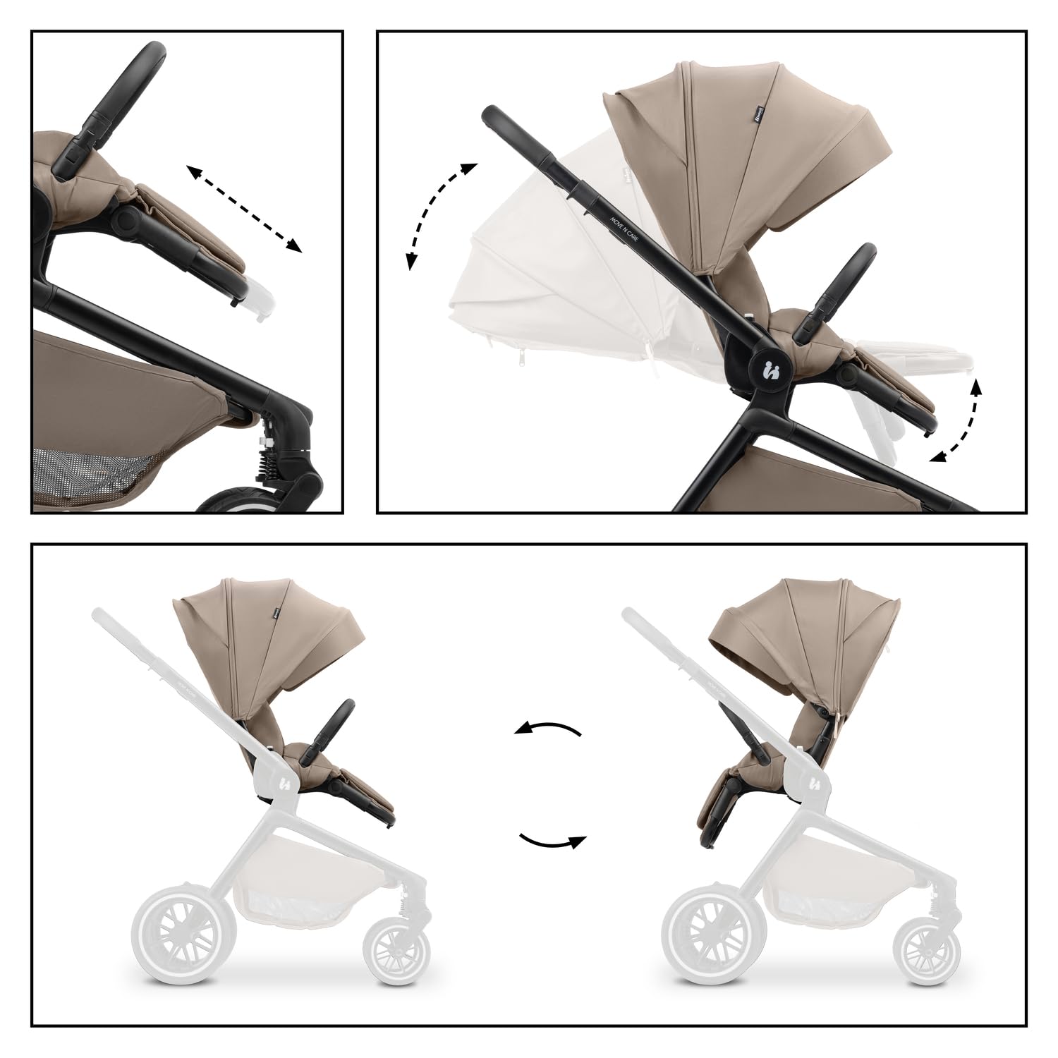 hauck Move N Care, Mocha - Passeggino Bidirezionale e Reclinabile dalla Nascita a 22 kg con Cappottina XL, Ruote di Gomma Ammortizzate - Manubrio Regolabile in Altezza, Adattatore Ovetto Incluso